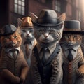 AI generated illustration of cute mafia cats with hats and suits