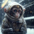 AI generated illustration of a cute monkey freezing outdoors on a cold winter day