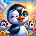 AI generated illustration of cute penguins with vibrant rainbow background