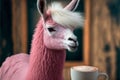 AI generated illustration of a cute pink llama drinking coffee latte
