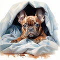 AI generated illustration of cute and playful puppy on a cozy blanket background