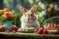 AI generated illustration of a cute rabbit sitting with a plate of berries