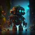 AI generated illustration of cute robot with glowing eyes on the blurred background Royalty Free Stock Photo