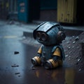 AI generated illustration of a cute robot not in prober condition in the middle of the road Royalty Free Stock Photo