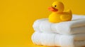 AI generated illustration of a cute rubber duck on white towels against a yellow background Royalty Free Stock Photo