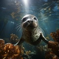 AI generated illustration of A cute seal floating serenely in a blue body of water