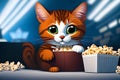 AI generated illustration of a cute tabby cat enjoying a movie sitting with a bucket of popcorn