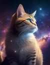 AI generated illustration of a cute tabby cat sits in front of a vibrant starry sky backdrop