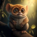 AI generated illustration of a cute tarsier animal with big eyes perched on a tree branch