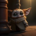 AI generated illustration of a tarsier animal with big eyes sitting on a floor in a dark atmosphere