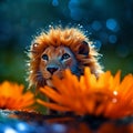 AI generated illustration of a cute tiny lion with orange daisy petals glistening in water droplets Royalty Free Stock Photo