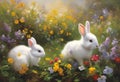 AI generated illustration of a cute white bunny hops toward an Easter egg, exuding innocent charm Royalty Free Stock Photo