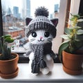 AI generated illustration of a cute white cat toy made from wool, with winter wears Royalty Free Stock Photo