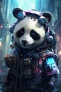 AI-generated illustration of a cybernetic panda smiling while looking into the camera