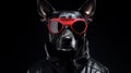 AI generated illustration of a cyberpunk black dog wearing a leather jacket and red glasses Royalty Free Stock Photo