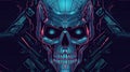 AI generated illustration of a cyberpunk futuristic skull with a vivid blue neon light