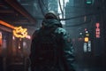 AI generated illustration of a cyberpunk ninja in a futuristic cityscape with neon lights