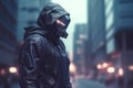 AI generated illustration of a cyberpunk ninja in a futuristic cityscape at night