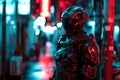 AI generated illustration of a cyberpunk ninja on the street in neon lights