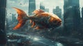 AI generated illustration of a cyborg goldfish swimming through a modern city