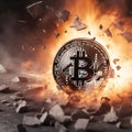 AI generated illustration of A 3D rendered image of a bitcoin exploding into pieces