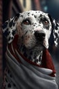 a dalmatian wearing a scarf with it's face slightly turned