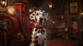 AI generated illustration of a Dalmatian dog in a room with an antique steam clock in the background