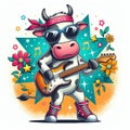 AI generated illustration of a dancing and pop artist cow, playing guitar with dark goggles Royalty Free Stock Photo