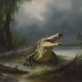 AI generated illustration of a dangerous crocodile emerging from the swamp