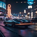AI generated illustration of a dark-colored sports car driving through a cityscape at night Royalty Free Stock Photo
