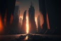 AI-generated illustration of a dark dystopian city at sunrise.