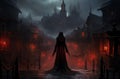 AI generated illustration of a dark figure standing against gothic houses at night