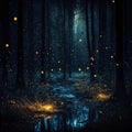 AI generated illustration of a dark forest with magical sparkly lights floating in the air Royalty Free Stock Photo