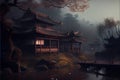 AI generated illustration of a dark mystical oriental building reflected on the lake