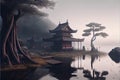 AI generated illustration of a dark mystical oriental building reflected on the lake