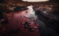 AI generated illustration of a dark red river running through a desolated landscape