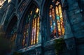 AI generated illustration of a gothic-style window displaying a multi-colored stained glass pattern Royalty Free Stock Photo