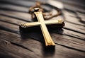 AI generated illustration of a dazzling golden cross atop a wooden table with a complementary chain