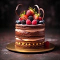 AI generated illustration of a decadent multi-layered chocolate cake with berries