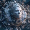 AI generated illustration of a decorative artistic ornate clock with a statue face design