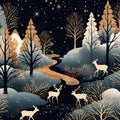 AI generated illustration of deer and does gracefully roam through snow-laden woods