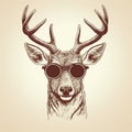 AI generated illustration of a deer's head with a pair of sunglasses on its face