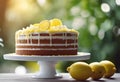 AI generated illustration of a delectable lemon cake with lemons in the background