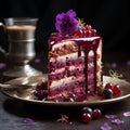 AI generated illustration of delectable slice of layered cake, decorated with vibrant pink flowers