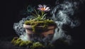 AI generated illustration of a delicate bloom emerging from a verdant mossy planter Royalty Free Stock Photo