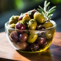 AI generated illustration of a delicious bowl of ripe olives, with fresh herbs and sprigs Royalty Free Stock Photo