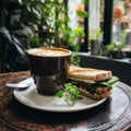 AI generated illustration of a delicious breakfast of a cup of coffee and a sandwich on a plate Royalty Free Stock Photo