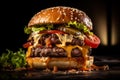 AI generated illustration of a delicious burger on a dark background