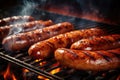 AI generated illustration of delicious char-grilled sausages sizzling over an open-flame barbecue Royalty Free Stock Photo