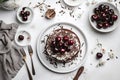 this chocolate cake is served with fresh cherries and chocolate Royalty Free Stock Photo